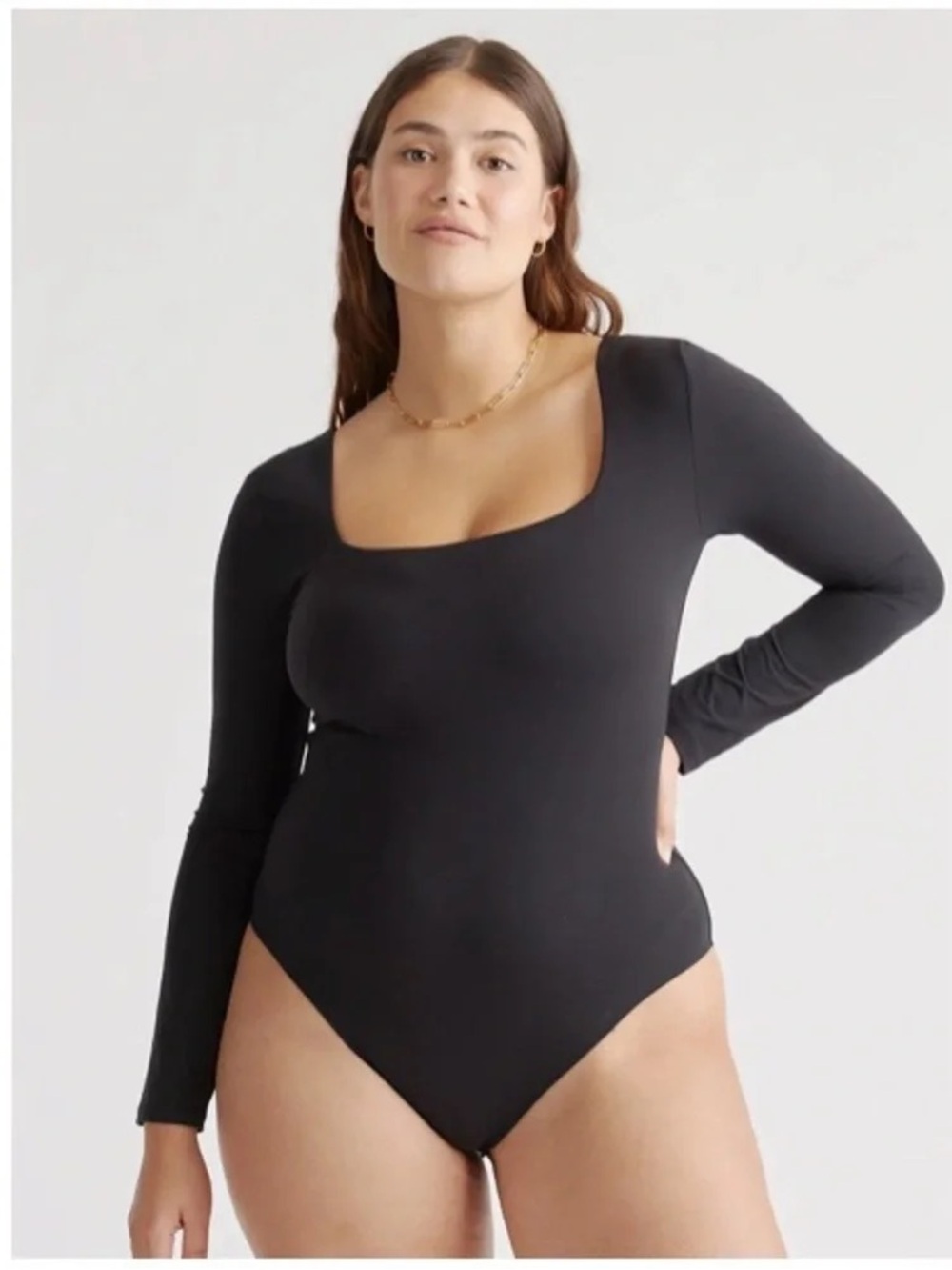 NEW Quince Women's Small Black Second Skin Square Neck Long Sleeve Bodysuit Top